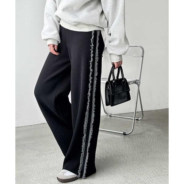 ワイドパンツ パンツ 「FIRSTMOODコラボ」配色サイドフリンジリブニットパンツ レディース
