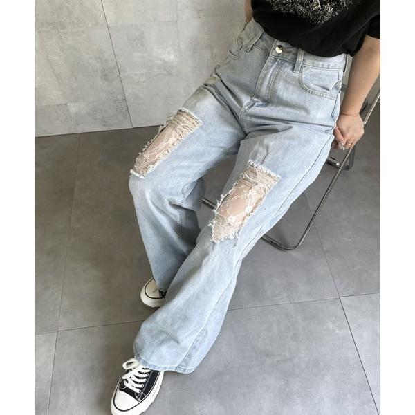 ジーンズ デニム デニムパンツ ダメージレースデニムパンツ レディース