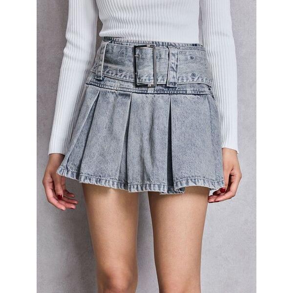 デニムスカート ハイウエストWIDE BELTプリーツデニムスカートライクショートパンツ