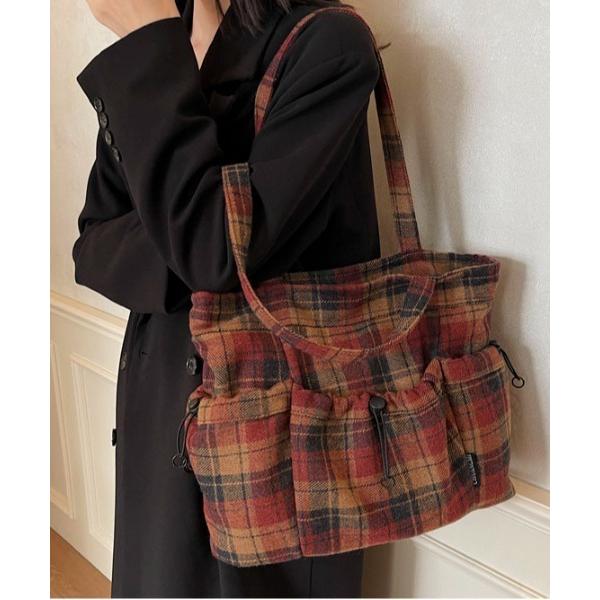 トートバッグ チェックネル ドロストショルダートート/A4サイズ対応 レディース