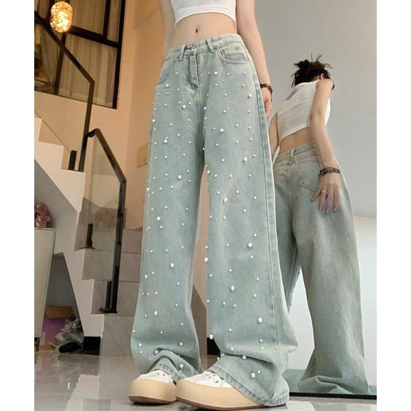 ジーンズ デニム デニムパンツ パール付きルーズストレートハイウエストパンツ レディース
