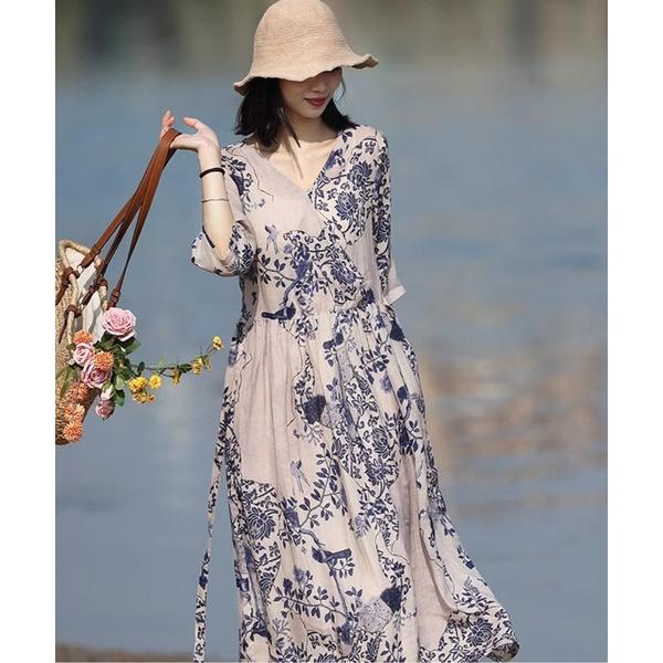 ワンピース 7分袖Vネックマキシ丈フラワーワンピース