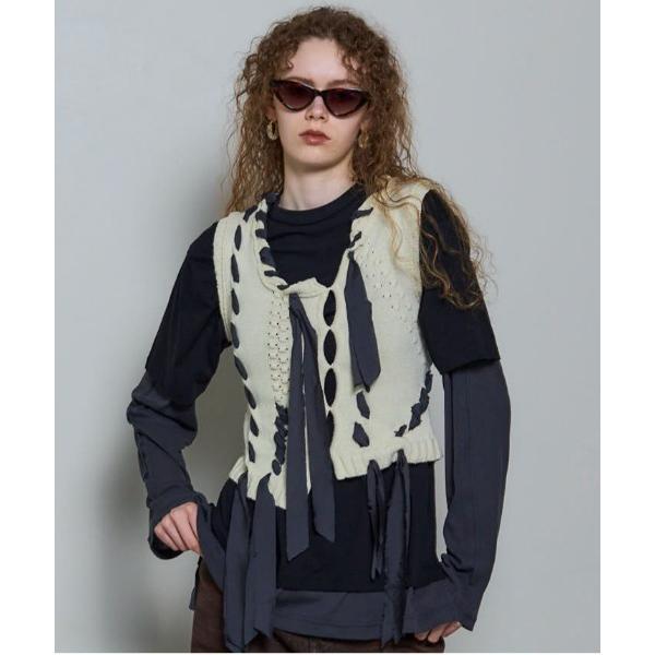 ベスト ジレ Ribbon Stitch Knit Vest/リボンステッチニットベスト レディース