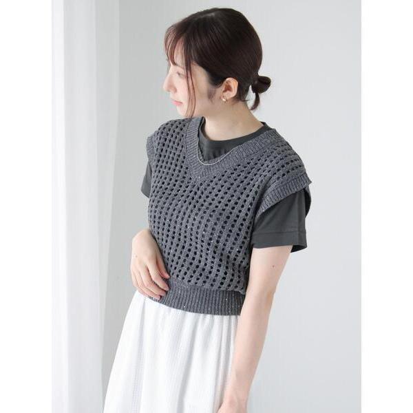ニット セーター スパンコールメッシュVネックベスト レディース