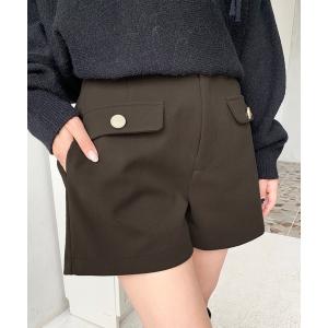 パンツ 微起毛ウールライク金ボタンフラップショートパンツ レディース