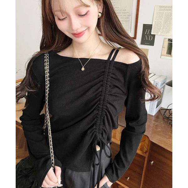 tシャツ ワンショルドロストリボン長袖リブカットソートップス レディース