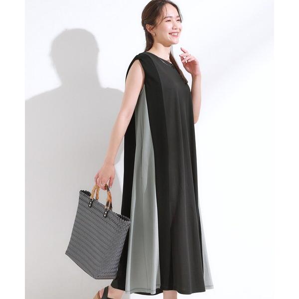 ワンピース 「S-LL/ひんやり」全身すっきり見えが楽に叶う サイド切替 バイカラーAラインワンピー...