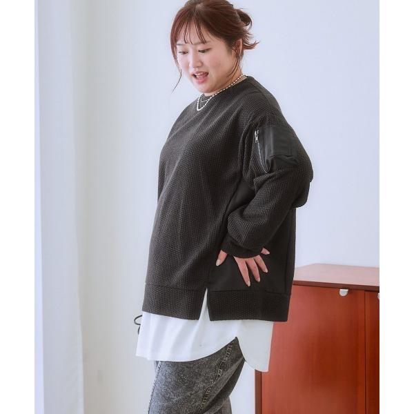 tシャツ 「大きいサイズ」異素材使い袖ポケット変わりカノコカットソープルオーバー レディース