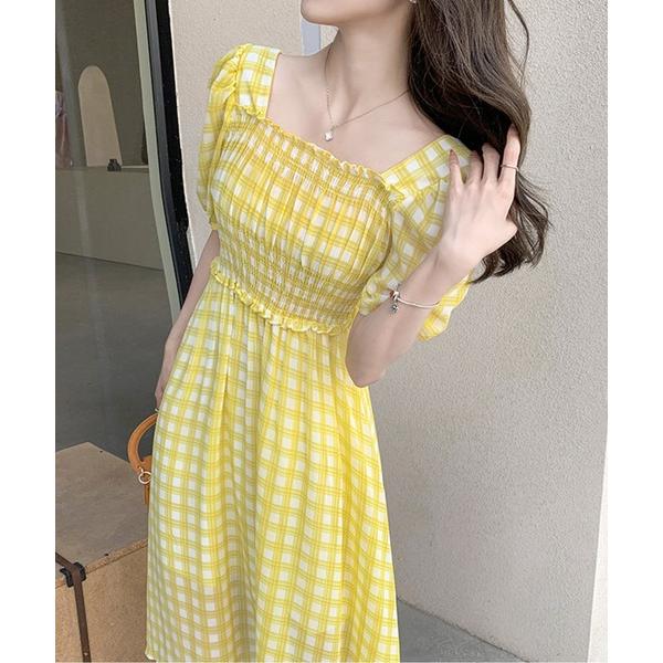 ワンピース スクエアネックギンガムチェックワンピース