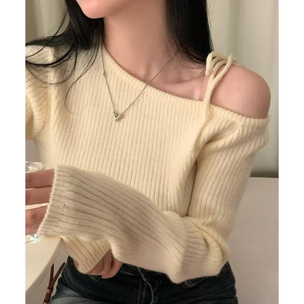 ニット セーター リボン付き オフショルダーリボン ワンオフショルダー 長袖 リブニット ニットトッ...