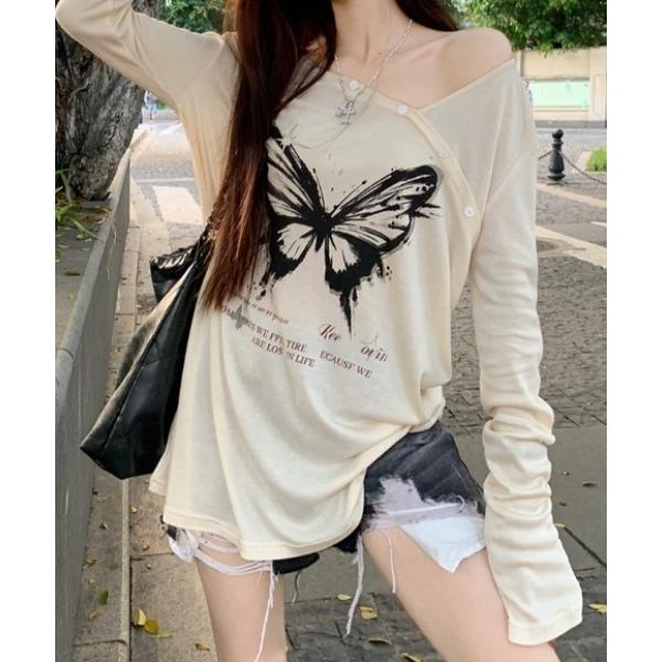tシャツ バタフライプリントルーズシルエットワンショルシアーロンT レディース