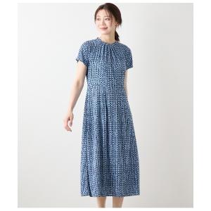 ワンピース ポリエステル強撚スムース 幾何学プリント フレンチスリーブワンピース