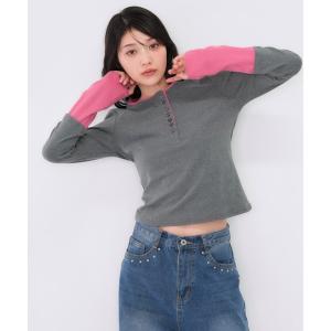 tシャツ ZOZO限定 大人気 ハーフボタン レイヤード風 ロングTシャツ トレンド  グレー×ピンク　カラー「今期新発売」 レディース