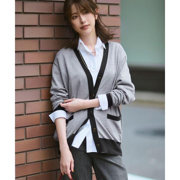 カーディガン 「洗える」サステナブルウール Vネック バイカラー カーディガン レディース