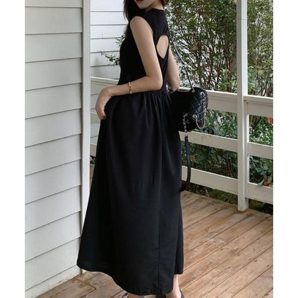 ワンピース バックカットデザイン ミモレ丈 ノースリーブワンピース
