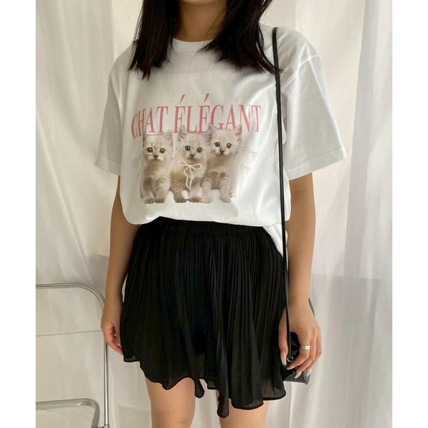 tシャツ ねこ英字リボン半袖Tシャツ レディース