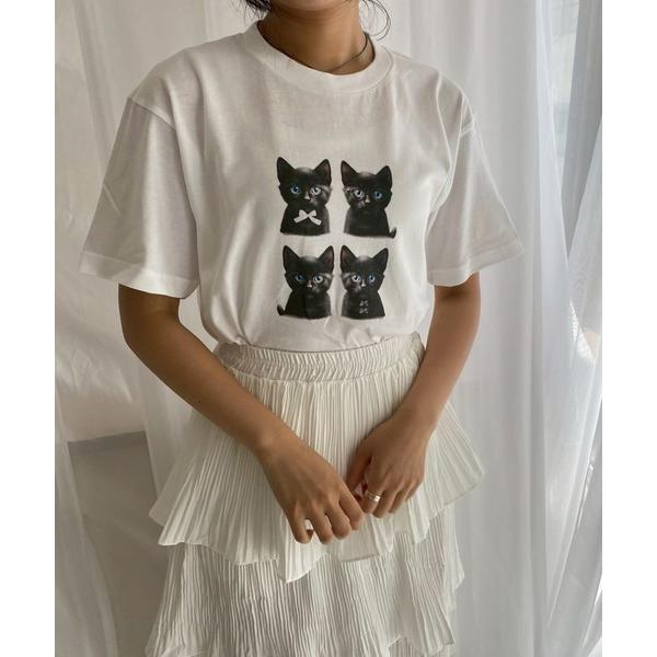 tシャツ 黒猫プリント半袖Ｔシャツ レディース