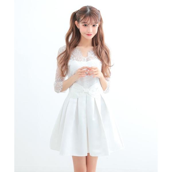 ドレス キャバドレス ミニ フレア 七分袖 背中魅せ レースウエストリボン ハイウエスト切替ドレス ...