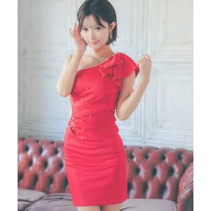 ドレス キャバドレス ミニ タイト ワンショルダーボリュームフリルワンカラーホワイトパールストレッチドレス