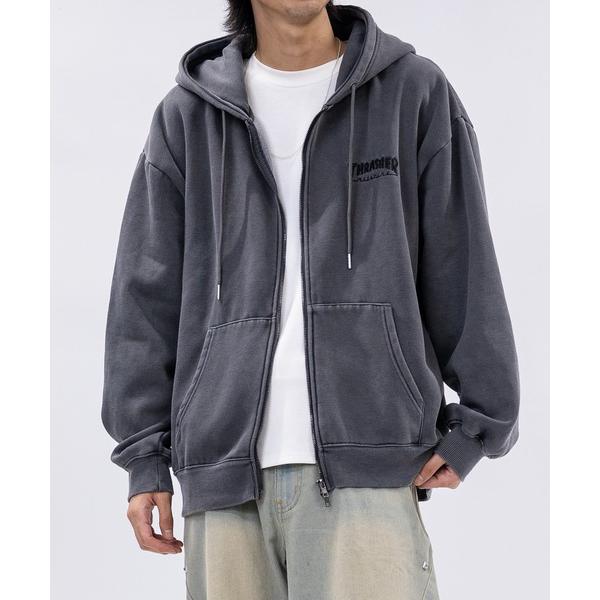 パーカー 「at」「THRASHER/スラッシャー」裏起毛 ワンポイントロゴ ピグメント ダブルジッ...