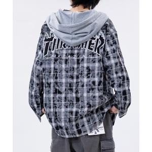 シャツ 「at」「THRASHER/スラッシャー」ヴィンテージ加工 フード付チェックシャツ メンズ レディース