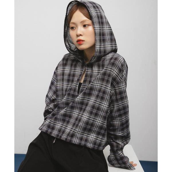 ブラウス シャツ シアーチェックフーディーシャツ レディース