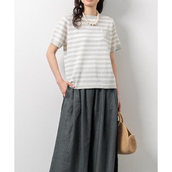 tシャツ ウォッシャブルリネンニットＴシャツ｜リネン混｜サマーニット｜大人カジュアル｜ボーダー レデ...