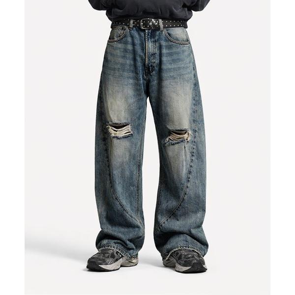 ジーンズ デニム デニムパンツ 7D36 クラッシュ ダメージワイドデニム ルーズデニム　カーブパン...