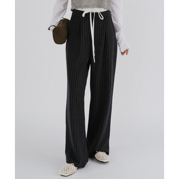 スラックス パンツ レイヤードウエストピンストライプパンツ レディース