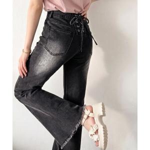 ジーンズ デニム デニムパンツ 「mily bilet」きゅんと恋する後ろ姿。バックリボン美脚ストレッチフレアデニム レディース
