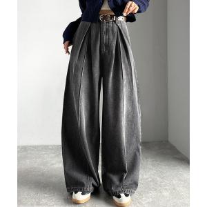 ジーンズ デニム デニムパンツ 「JaVaジャバコラボ」立体シルエットの存在感ダブルタックワイドデニムパンツ レディース