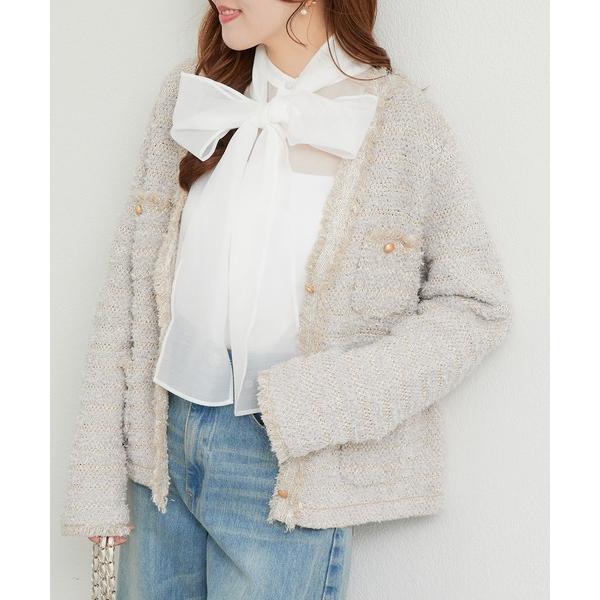 ジャケット ノーカラージャケット 「名品・着回し力抜群」ファンシーツイードニットジャケットカーディガ...