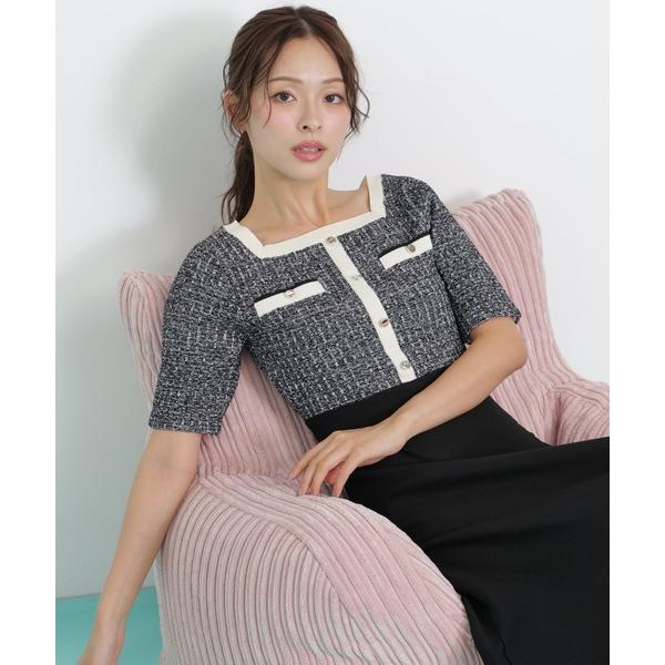ワンピース ミックスツイード切替ニットワンピース
