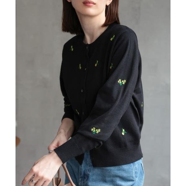 ニット セーター フラワー刺しゅう 長袖カーディガン/花柄/冷房対策 レディース