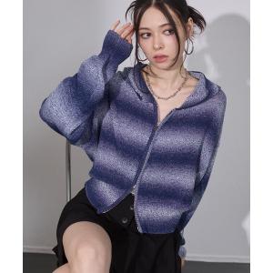 カーディガン グラデーションボーダーニットフーディー レディース