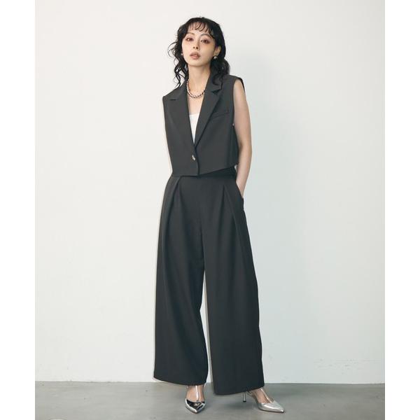 スラックス パンツ ショートジレ+タックパンツセットアップ レディース