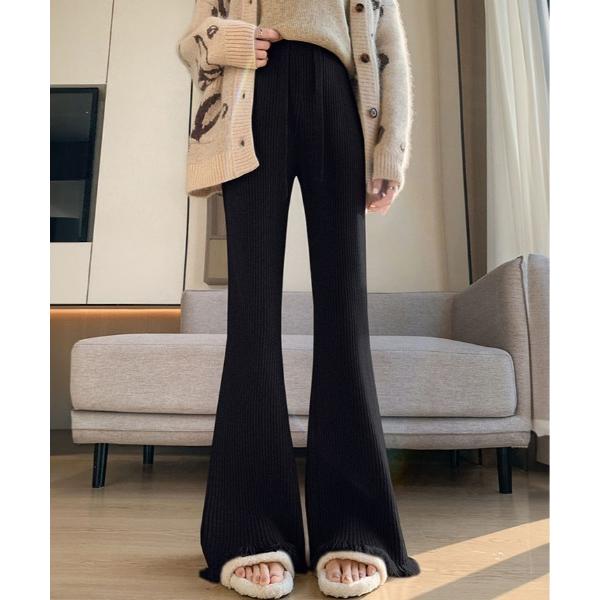 パンツ 裾 フリンジ フレア リブ ニットパンツ レディース