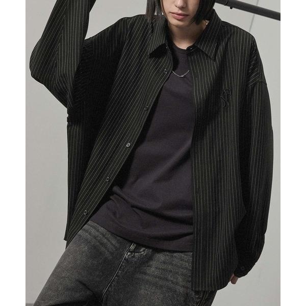 シャツ 「Alfred Alex」ストライプ ワンポイント刺繍 オーバーサイズレギュラーカラーシャツ...