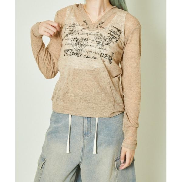 パーカー 「透け感×ラフロゴ」こなれニットパーカー レディース