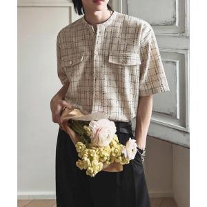 シャツ 半袖 「NOWLE」サマーツイード バンドカラーチェックシャツ メンズ