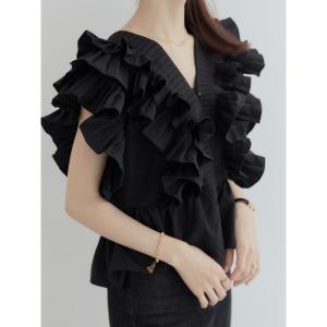 ブラウス シャツ ラッフルフリルパフブラウス/ブラック レディース