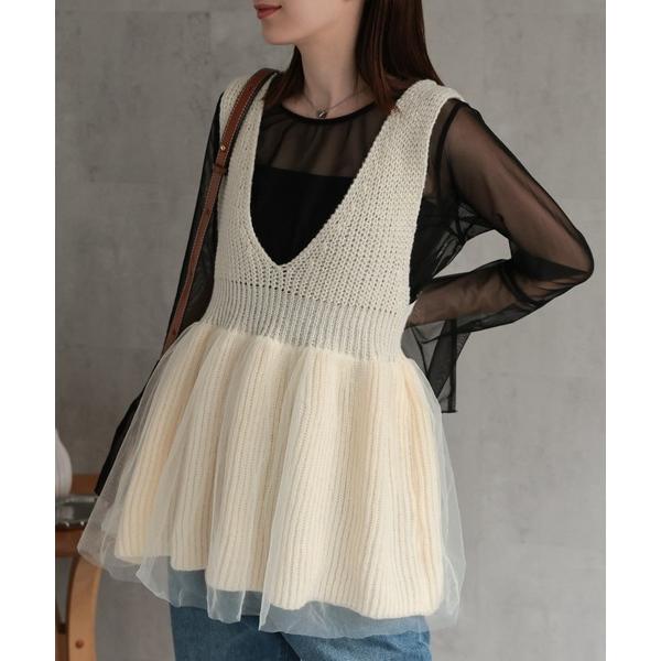 チュールドッキング 畔編みニットビスチェ/ゴム編み レディース