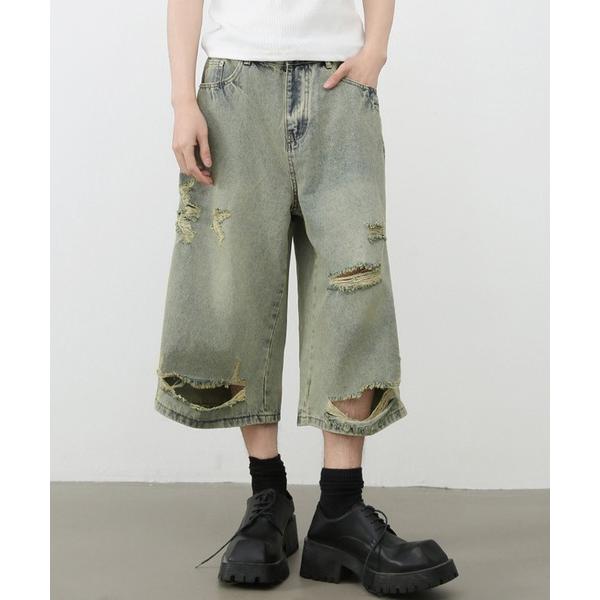 ジーンズ 「TOBEE」ケミカルウォッシュ ダメージ オーバーバギージョーツ ハーフデニム メンズ ...