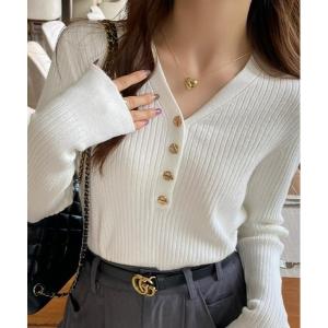 ニット セーター Vネックリブニットトップス マンテルボタン ハーフボタン オフィスカジュアル きれいめカジュアル レディース レディース