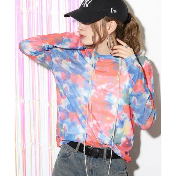 tシャツ ぼかし花柄チュールレース 長袖カットソー レディース