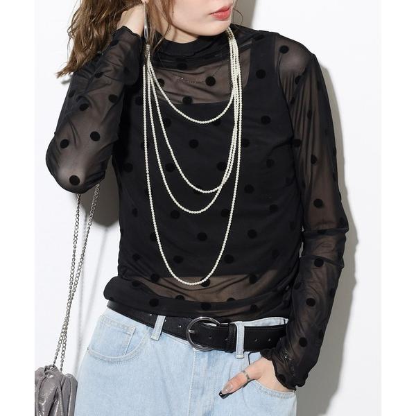tシャツ フロッキー 水玉柄ドット チュールレース長袖カットソー レディース