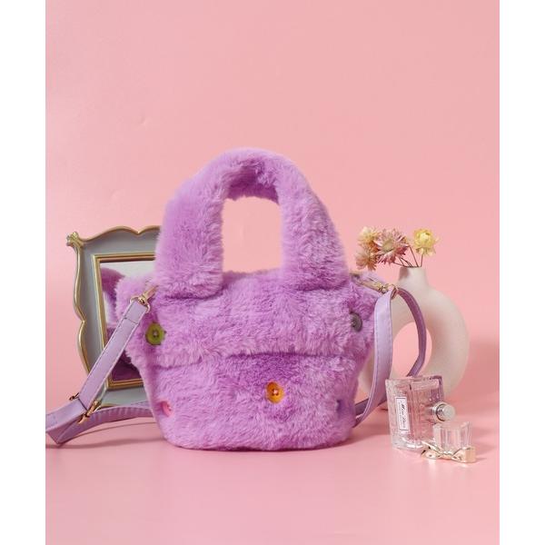 トートバッグ ボタンモチーフ付きフェイクファートートバッグ レディース