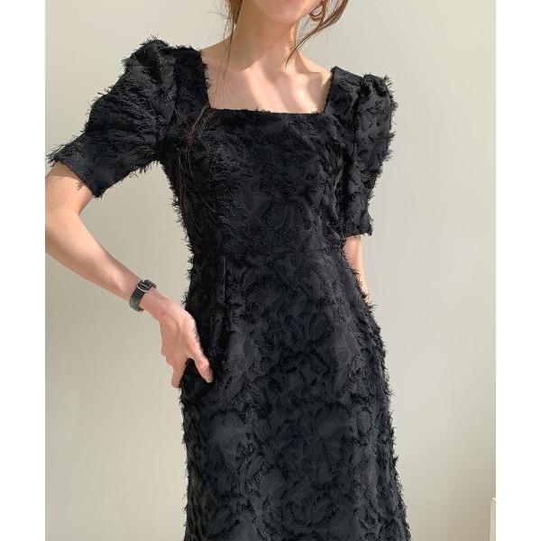 ワンピース 華やかなスクエアネック半袖シャギーワンピース