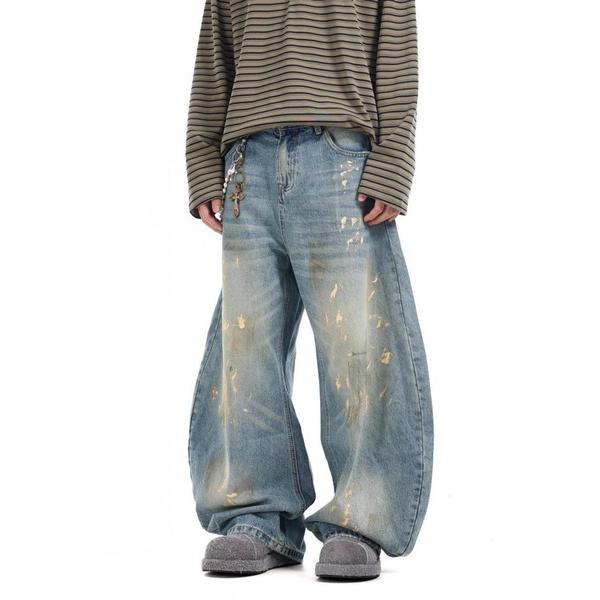 ジーンズ 7E10 ダメージ ラフペイント ワイドバレルレッグパンツ メンズ レディース
