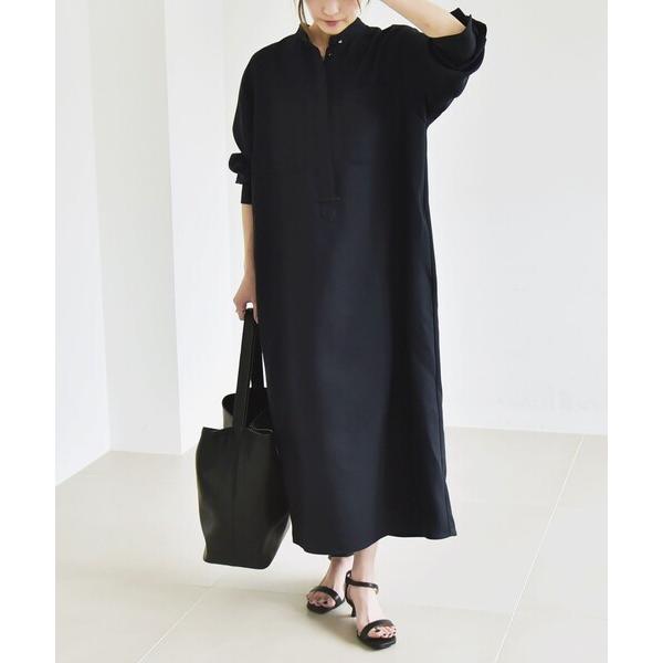 シャツワンピース quaranciel:「洗濯機可能」ダブルクロス スタンドカラー ポケット シャツ...